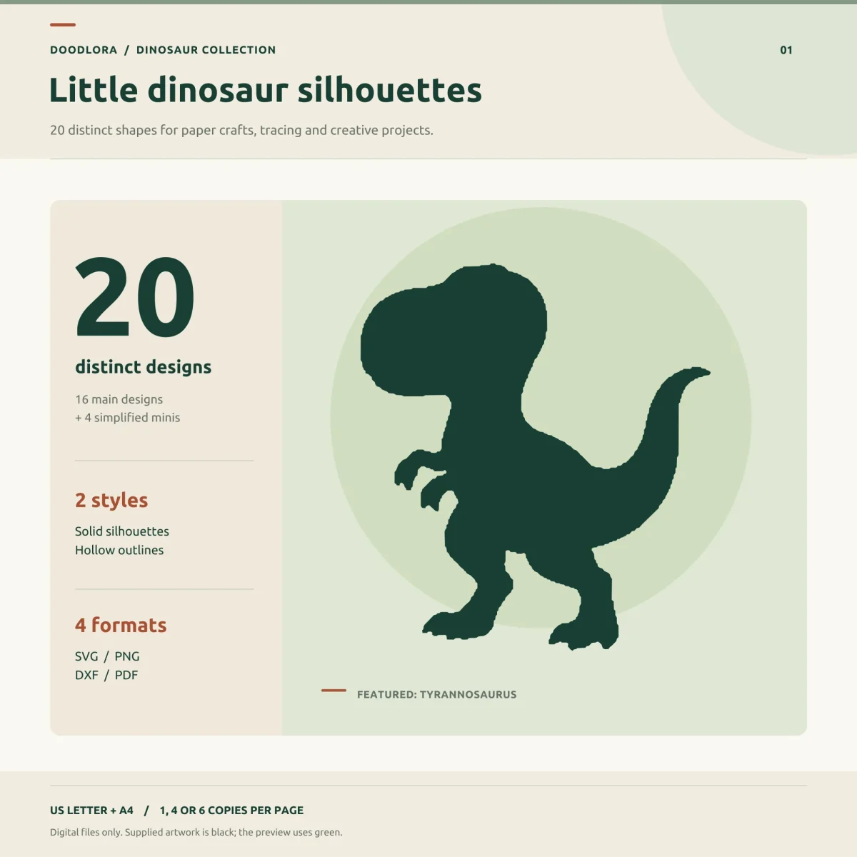 A large green T. rex silhouette with a big round head and short arms, beside the words 20 distinct designs, 16 main designs plus 4 simplified minis, solid silhouettes and hollow outlines