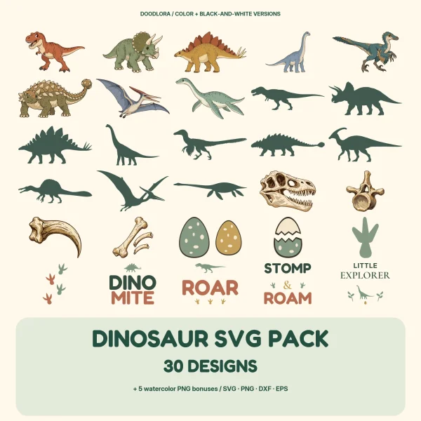 Overview of the dinosaur pack with color characters, dark green profile silhouettes, fossil bones, speckled eggs, footprints and the Dino Mite, Roar, Stomp & Roam and Little Explorer word designs