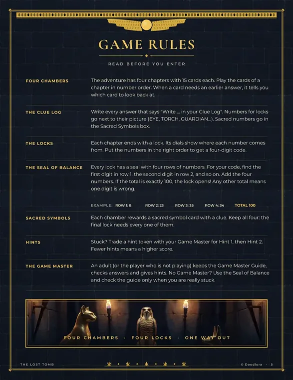 The Lost Tomb Game Rules page explaining the four chambers, the clue log, the locks, the Seal of Balance with a worked example, sacred symbols, hints and the game master