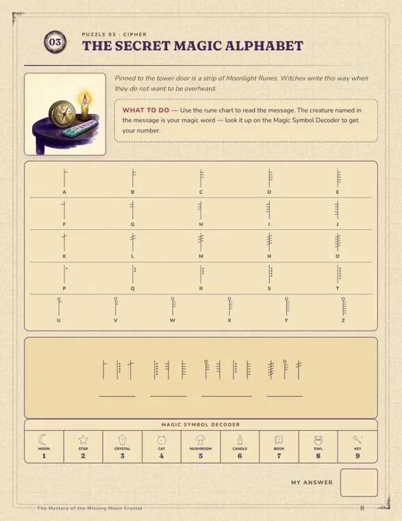 The Secret Magic Alphabet puzzle page with a rune chart from A to Z, a strip of runes to decode, and a row of nine symbols with numbers along the bottom