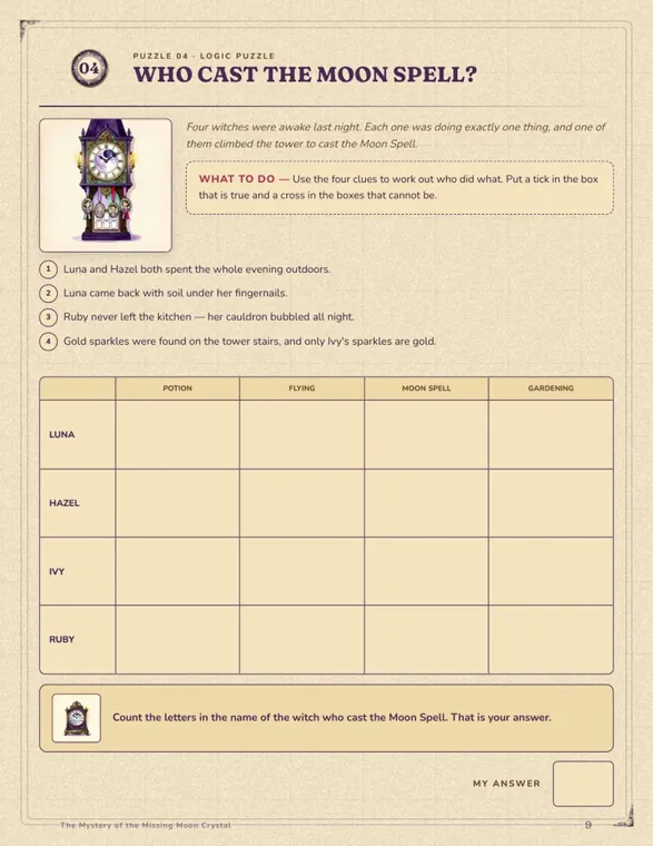 Who Cast the Moon Spell? logic page with four numbered clues about four witches and an empty grid for potion, flying, moon spell and gardening