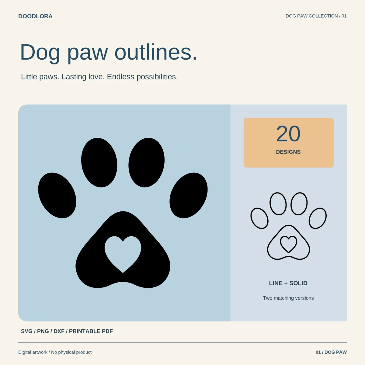 A large black dog paw with a heart cut out of the main pad, next to the same paw drawn in outline and the number 20