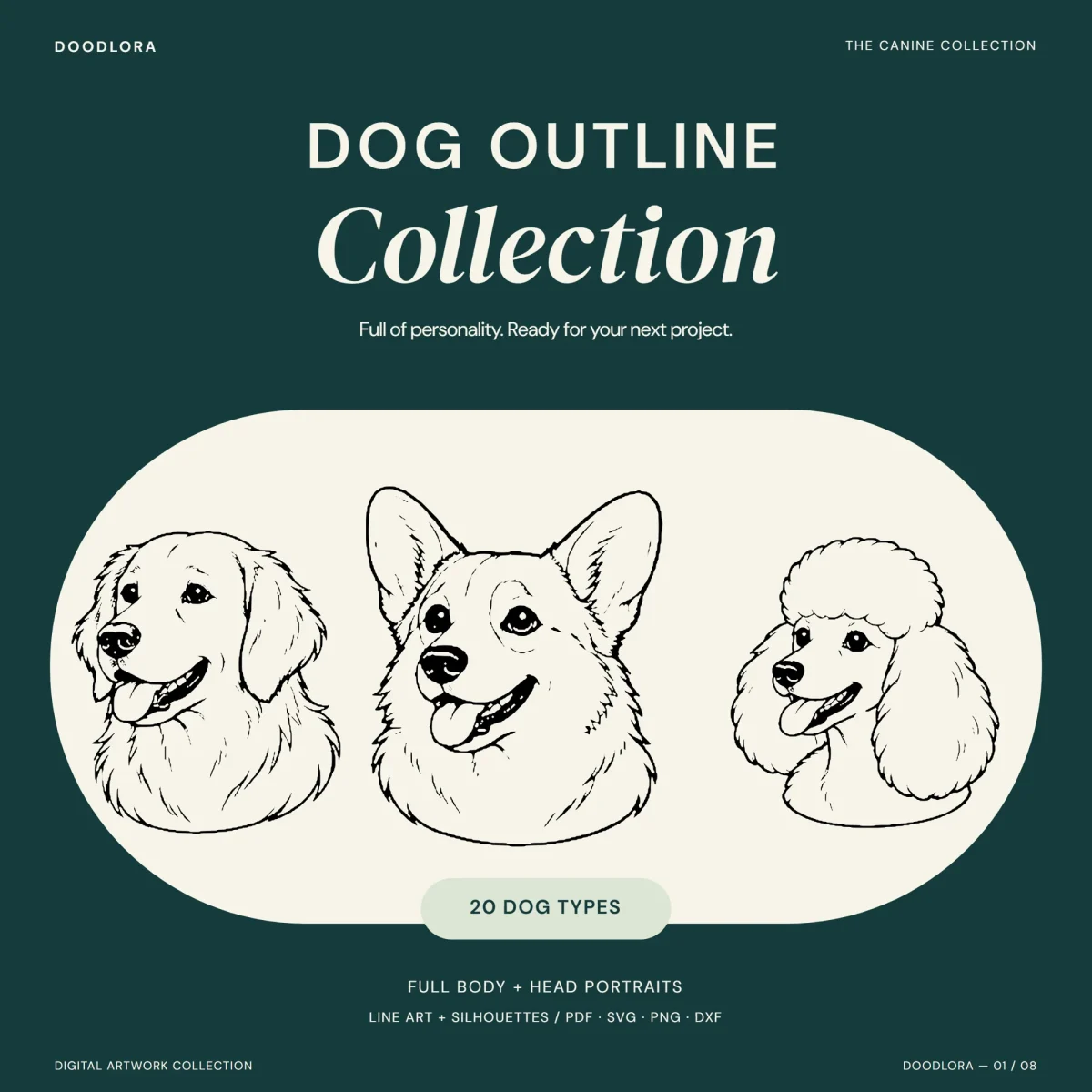 Black line portraits of a golden retriever, a Pembroke corgi and a poodle side by side on a cream panel, under the title Dog Outline Collection
