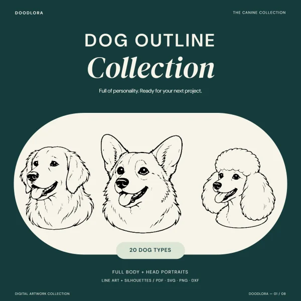 Black line portraits of a golden retriever, a Pembroke corgi and a poodle side by side on a cream panel, under the title Dog Outline Collection
