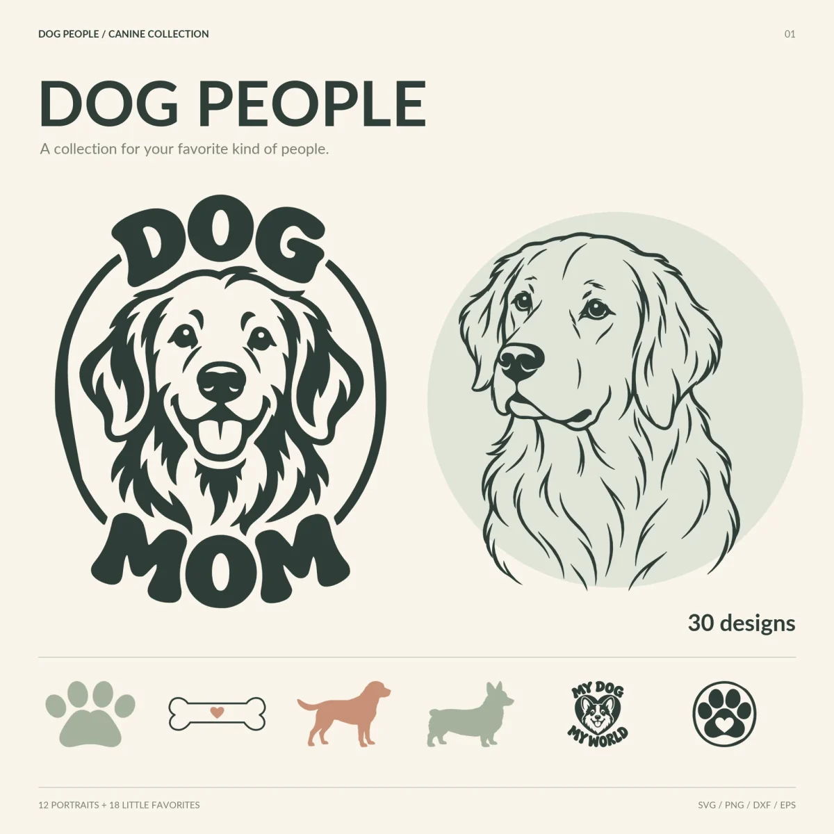 A lettered design with a smiling retriever face between the words DOG and MOM beside a charcoal line portrait of a golden retriever, with small paw, bone, silhouette and heart icons below