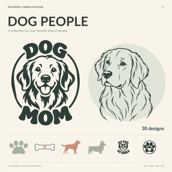 A lettered design with a smiling retriever face between the words DOG and MOM beside a charcoal line portrait of a golden retriever, with small paw, bone, silhouette and heart icons below