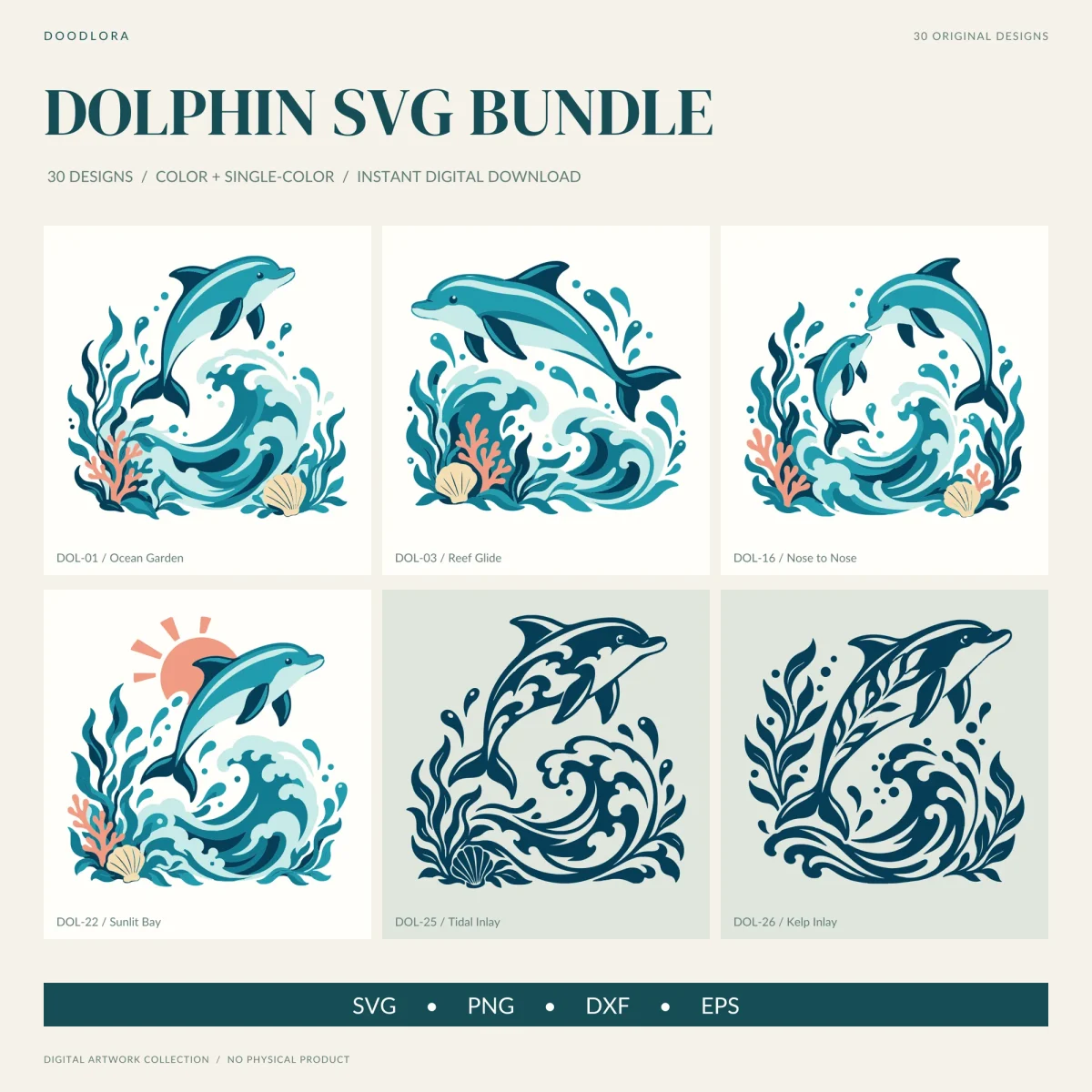 Six dolphin designs in a grid, four in teal, navy and coral with waves and kelp, and two navy designs with patterns inside the dolphin's body