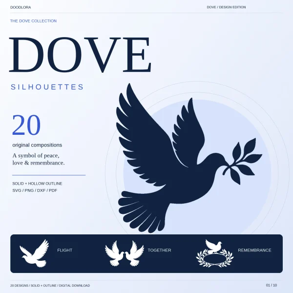 A navy dove with an olive sprig in its beak beside the words Dove Silhouettes and 20 original compositions, with small flying, paired and wreath doves below