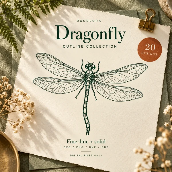 A fine-line dragonfly with spread, veined wings printed in dark green on cream paper, clipped beside fern leaves under the words Dragonfly Outline Collection