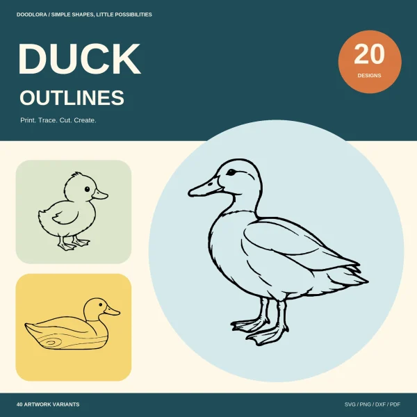 A large line drawing of a standing duck on a pale blue circle, with a fluffy duckling and a wooden decoy in smaller panels, titled Duck Outlines, 20 designs