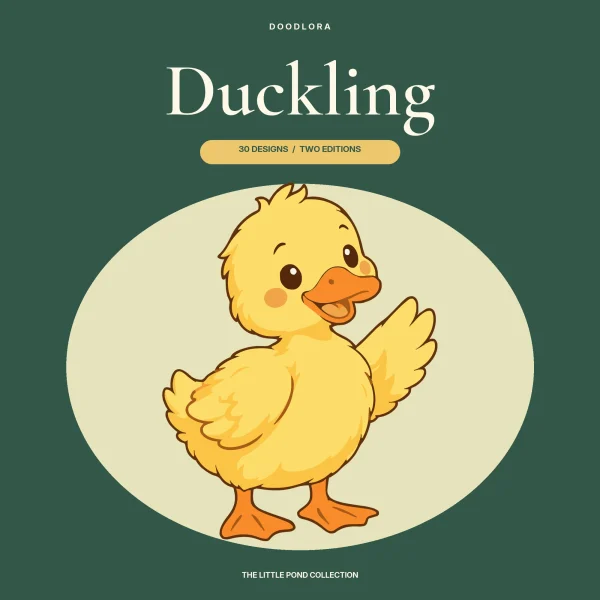A fluffy yellow cartoon duckling with orange feet and rosy cheeks waving one wing, on a pale oval against dark green