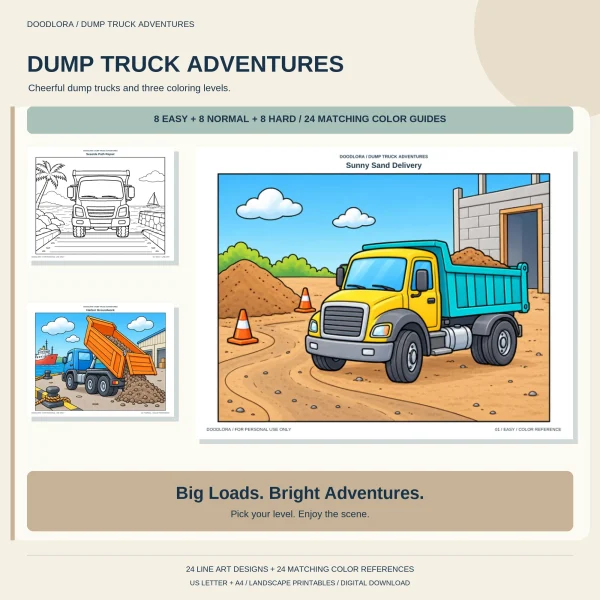 Colored Sunny Sand Delivery page with a yellow and teal dump truck by a sand pile, beside a Seaside Path Repair outline and a Harbor Groundwork page
