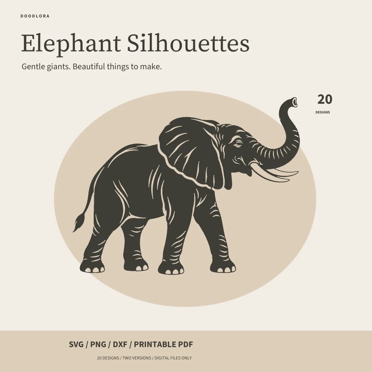 A grown elephant with its trunk raised and tusks showing, in dark gray papercut on a beige oval, titled Elephant Silhouettes, 20 designs