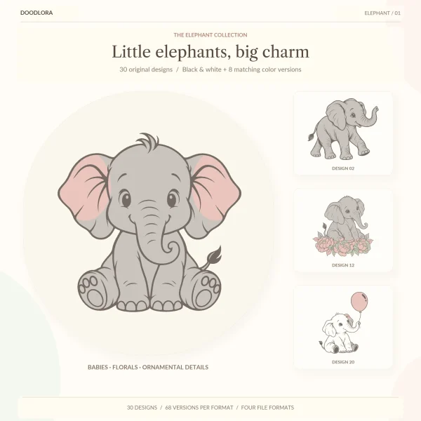 A sitting baby elephant in warm gray with pink ears, beside smaller color designs of a walking baby, a baby in pink peonies and a cream baby holding a pink balloon