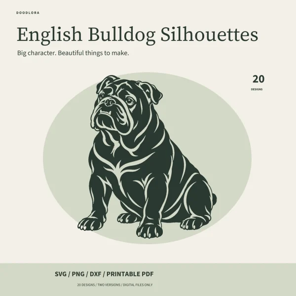 A seated English bulldog cut as a dark green papercut silhouette, with pale gaps tracing its wrinkles, jowls and legs, under the title English Bulldog Silhouettes