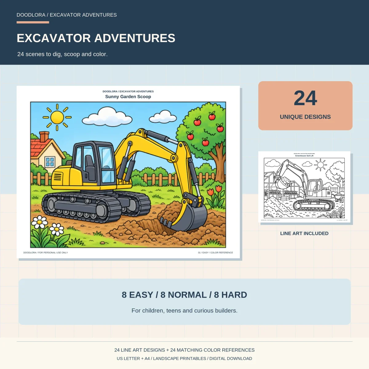 Colored Sunny Garden Scoop page, a yellow excavator digging beside a cottage and apple tree, with a smaller Greenhouse Soil Lift outline