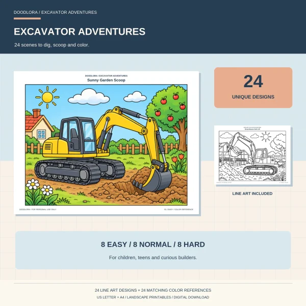 Colored Sunny Garden Scoop page, a yellow excavator digging beside a cottage and apple tree, with a smaller Greenhouse Soil Lift outline