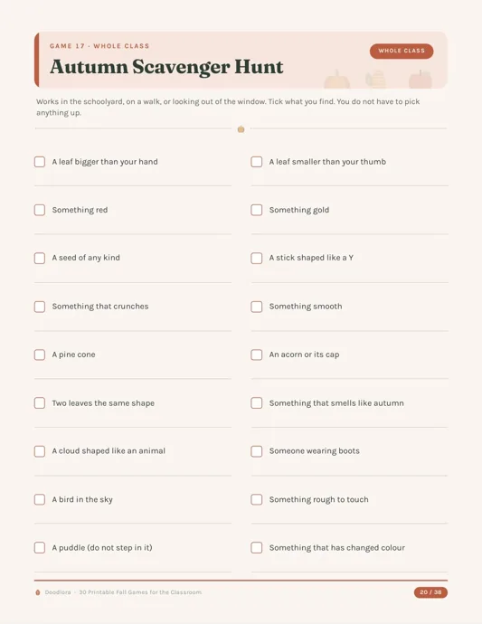 Autumn Scavenger Hunt worksheet with 18 checkboxes in two columns, including a leaf bigger than your hand, a stick shaped like a Y and an acorn or its cap