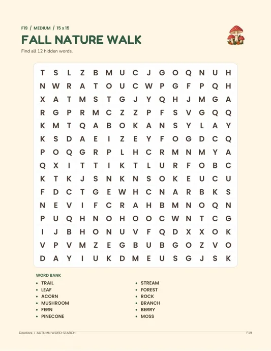 Fall Nature Walk word search on a 15 by 15 letter grid, with a word bank of 12 words including trail, acorn, pinecone, stream and moss