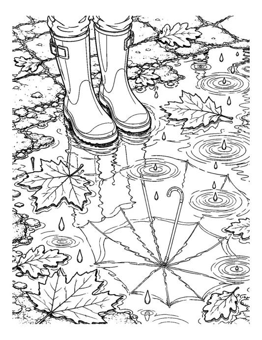 Line-art coloring page of rain boots standing in a puddle with raindrop ripples, an open umbrella lying on the ground and fallen leaves all around