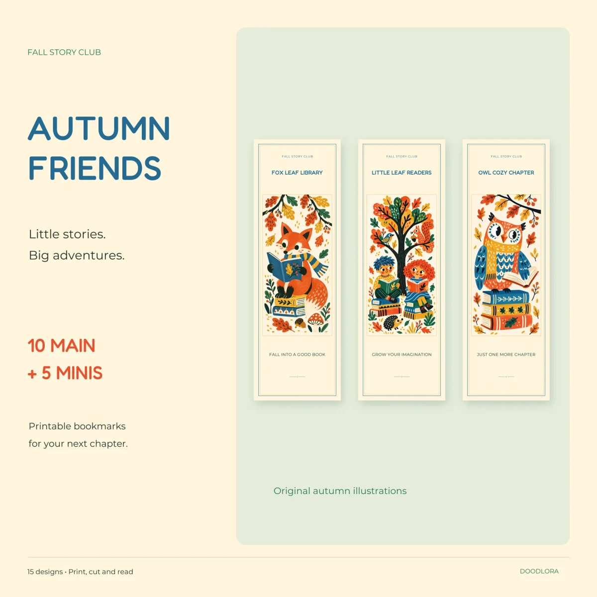 Three autumn bookmarks side by side, a fox reading on a stack of books, two children reading under a leafy tree and an owl sitting on books