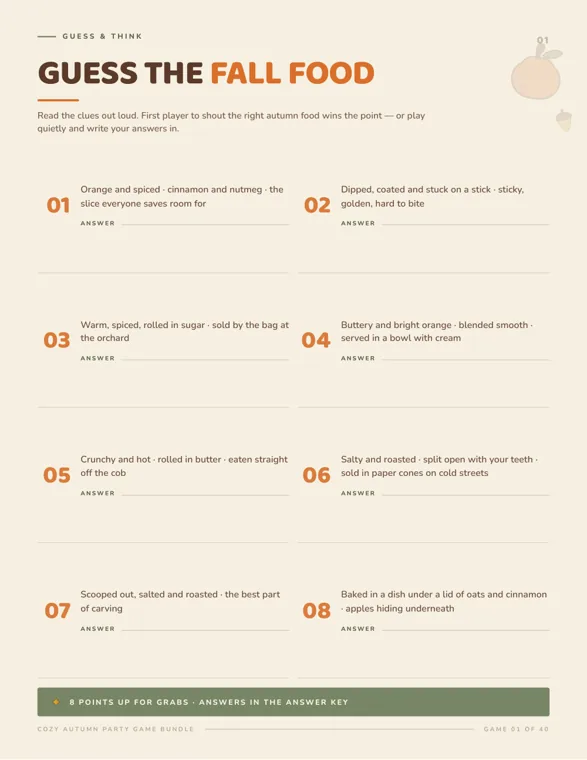 Guess the Fall Food worksheet with eight numbered boxes, each holding a line of three short food clues above an answer line