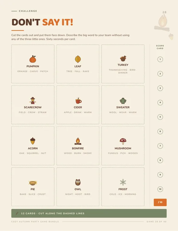 Don't Say It page of twelve cut-out cards, each with a fall word such as pumpkin, cider or owl over three smaller banned words, and a score column numbered 1 to 10