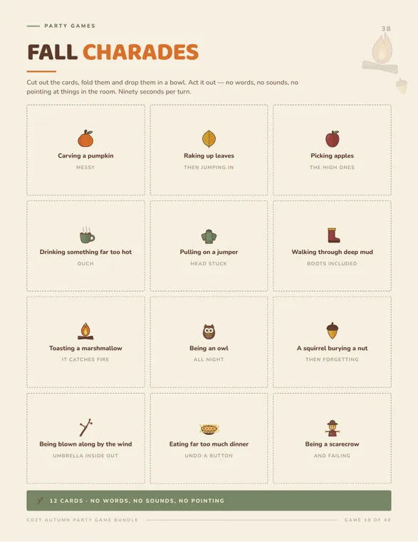 Fall Charades page with twelve cards, among them carving a pumpkin, raking up leaves and being a scarecrow, each with a short hint printed underneath