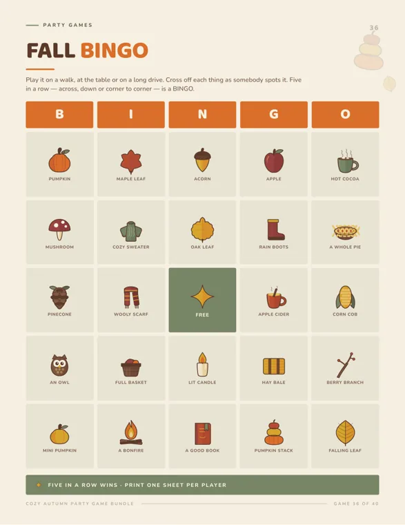 Fall Bingo card, five squares by five, with pictures of a pumpkin, acorn, rain boots, an owl and other fall things around a free center square