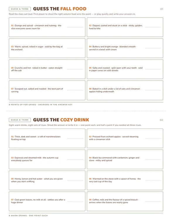 Ink-saver page with Guess the Fall Food on the top half and Guess the Cozy Drink on the bottom half, separated by a dashed cutting line