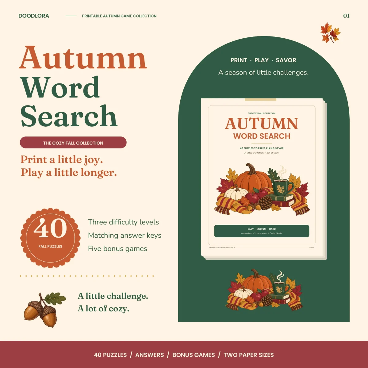 Autumn Word Search cover with a pumpkin, apples, a pinecone, a striped scarf and a mug, beside a badge reading 40 fall puzzles