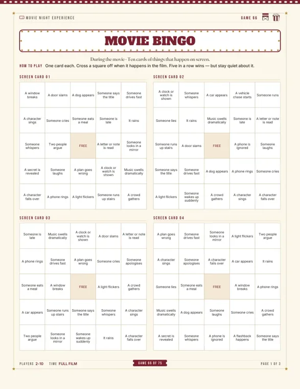 A printed Movie Bingo page with four screen cards of 25 squares each, including A door slams, It rains and Someone says the title, with a free square in the middle
