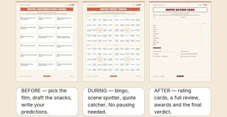 Three printable movie night pages, conversation cards, room bingo and a rating card, above notes for before, during and after the movie