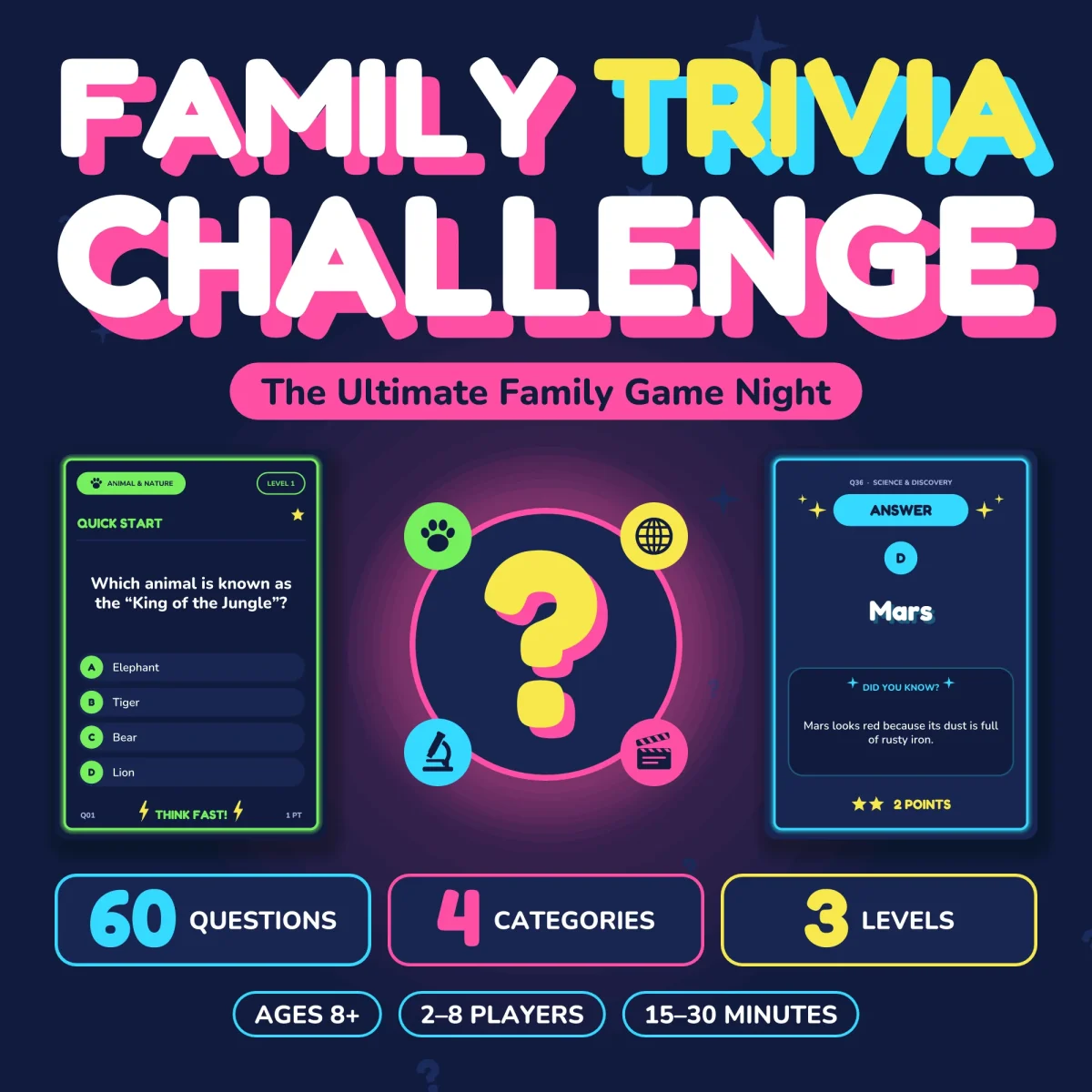 Family Trivia Challenge title over a lion question card and a Mars answer card, with labels for 60 questions, 4 categories, 3 levels, ages 8 and up, 2 to 8 players and 15 to 30 minutes