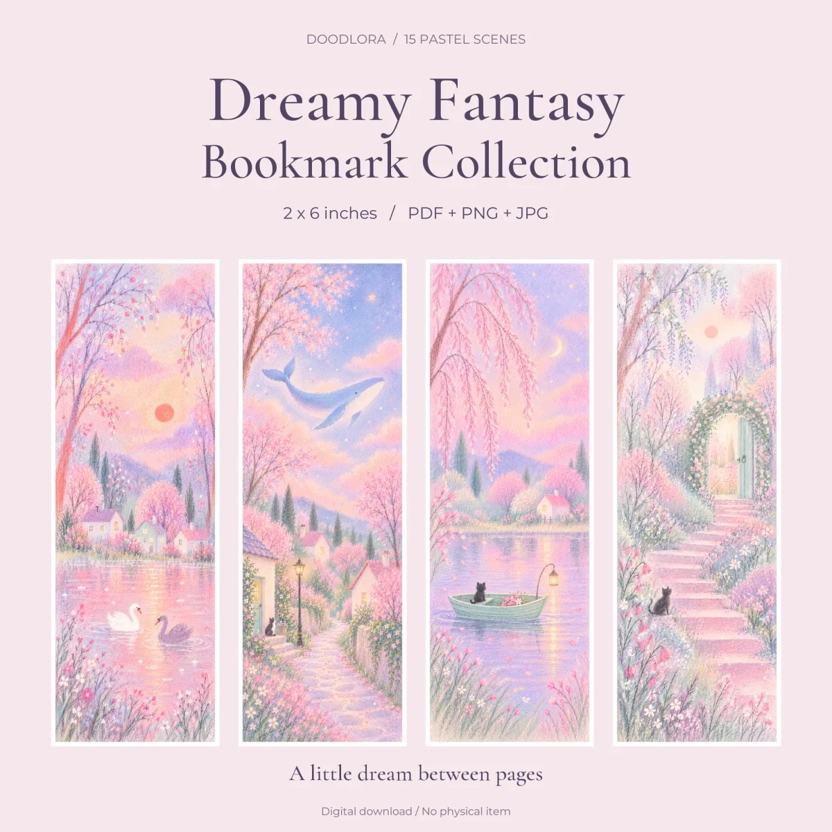 Four pastel bookmarks with swans on a pink lake, a whale flying over rooftops, a black cat in a lantern boat and steps leading to an arched garden door