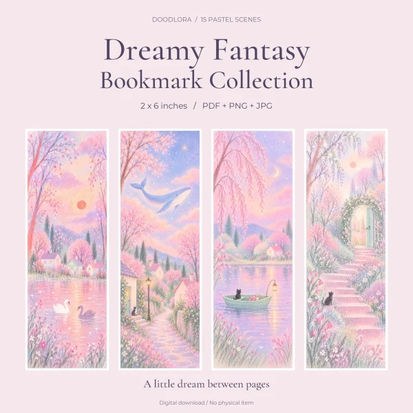 Four pastel bookmarks with swans on a pink lake, a whale flying over rooftops, a black cat in a lantern boat and steps leading to an arched garden door