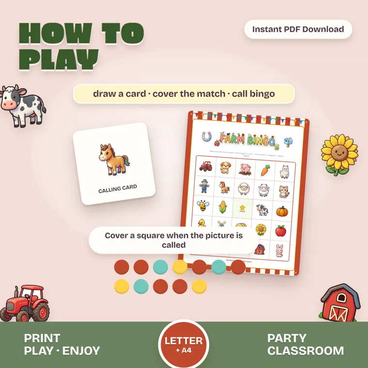 A horse calling card next to a Farm Bingo card, with rust, teal and yellow round markers below