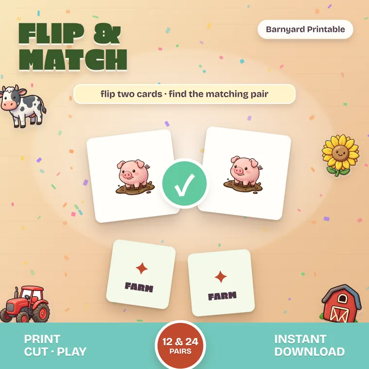 A matching pair of pig cards with a green check mark above two card backs reading Farm
