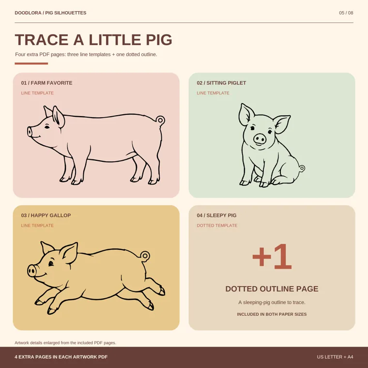 Enlarged line drawings of a standing pig, a sitting piglet and a running pig, with a note about a fourth dotted sleeping-pig page