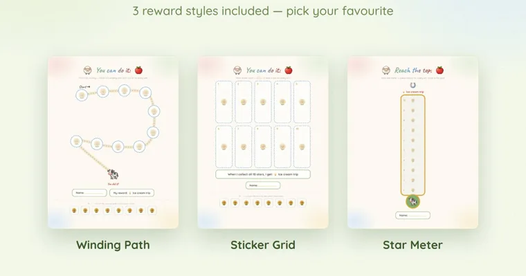 Three farm reward charts side by side, a winding path of sunflower circles ending at a cow, a ten-box sticker grid and a tall star meter, each headed by a sheep and an apple