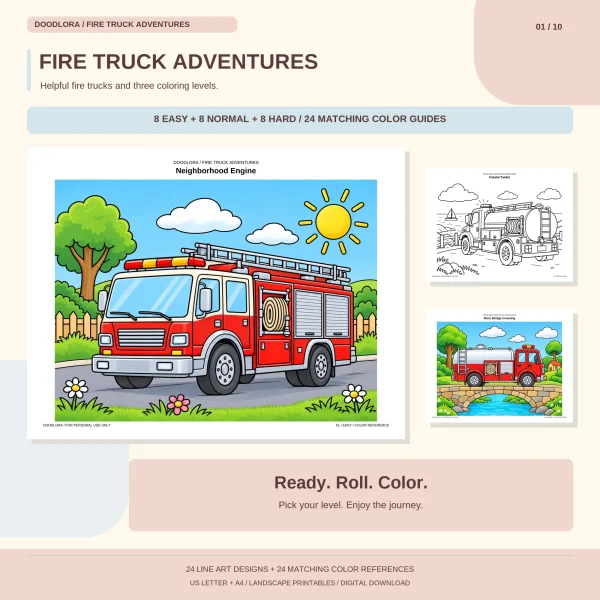 Colored Neighborhood Engine page, a red fire engine with a ladder and hose reel on a sunny street, beside a Coastal Tanker outline and a River Bridge Crossing page