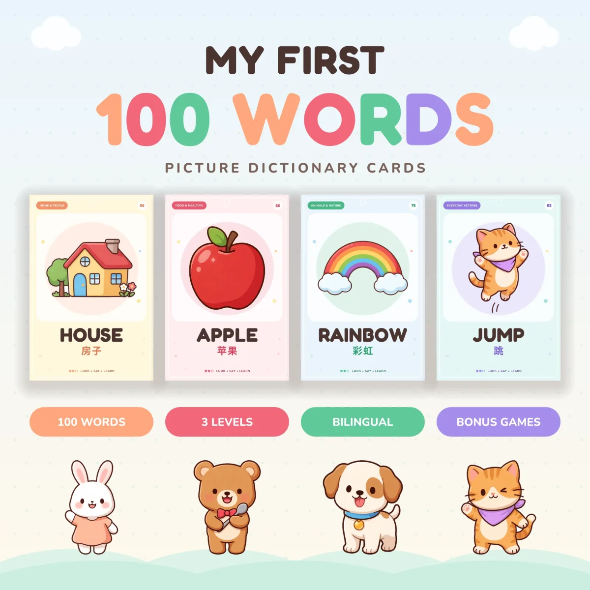 My First 100 Words cover with house, apple, rainbow and jump cards in English and Chinese above a bunny, bear, puppy and kitten