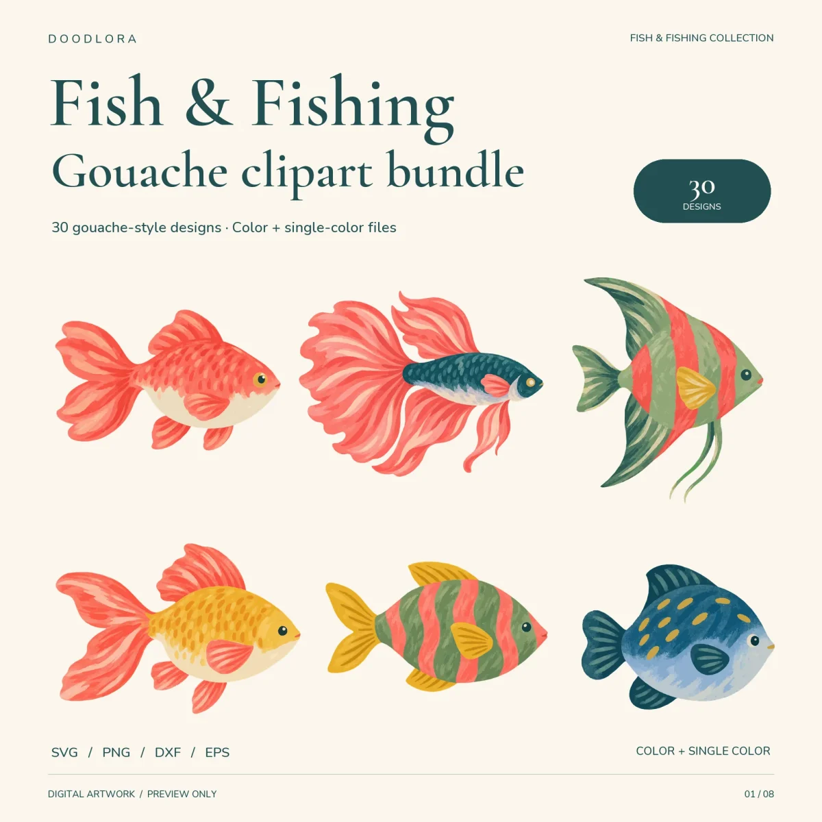 Six painted fish, two goldfish, a betta with long coral fins, a striped angelfish, a striped round fish and a navy fish with yellow spots