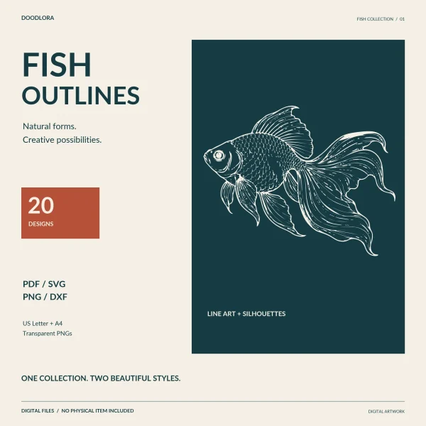 A fantail goldfish drawn in pale lines on a dark teal panel next to the words Fish Outlines, 20 designs and the formats PDF, SVG, PNG and DXF