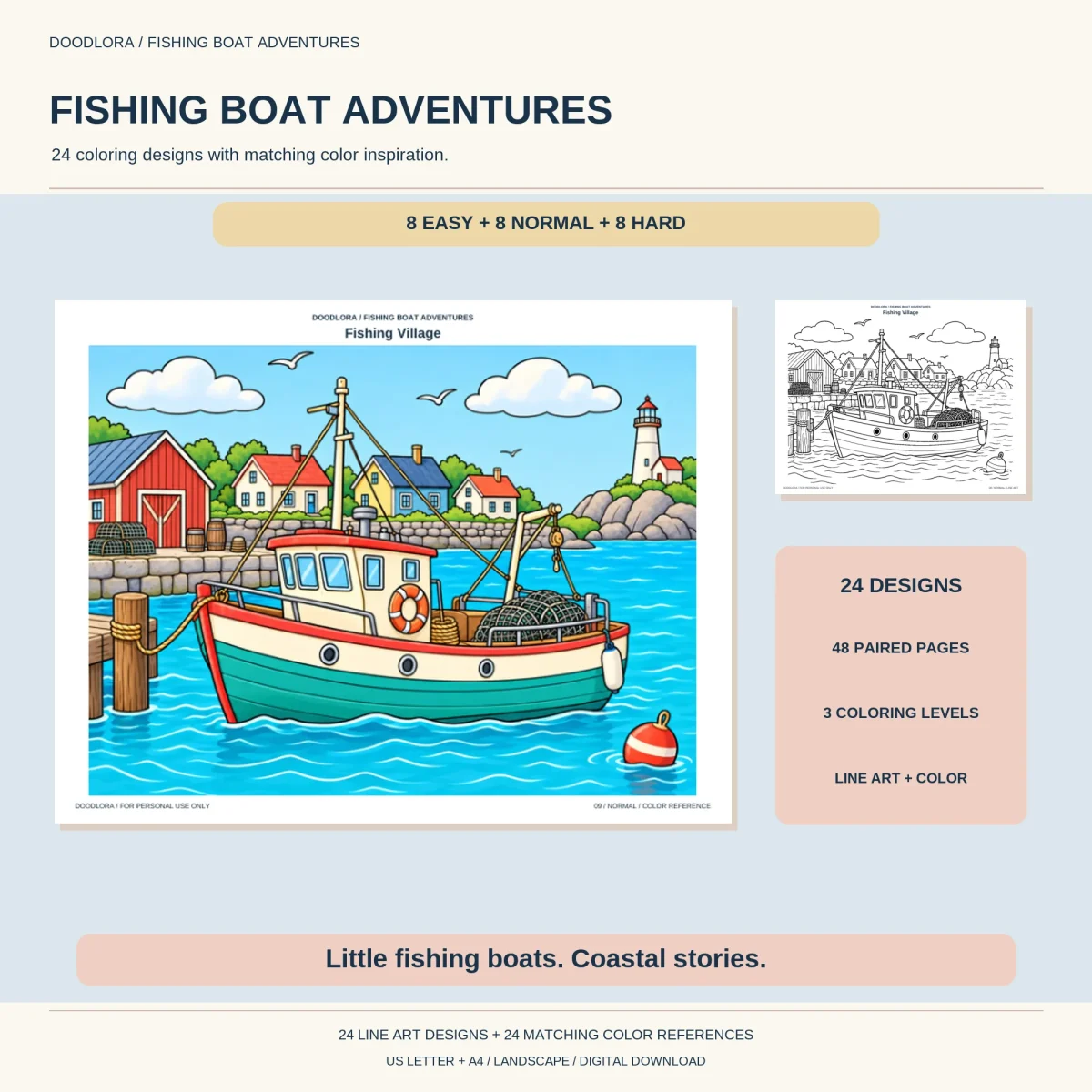 Colored Fishing Village page, a teal and red fishing boat with nets at a stone quay below red barns and a lighthouse, with a small outline of the same scene
