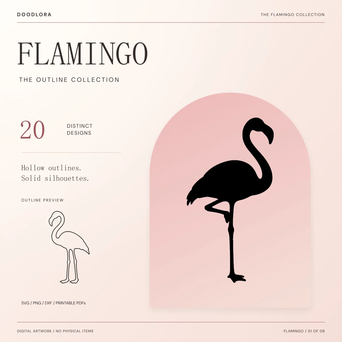 Black flamingo standing on one leg inside a pink arch, with a small hollow outline of a two-legged flamingo and the note 20 distinct designs