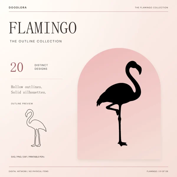Black flamingo standing on one leg inside a pink arch, with a small hollow outline of a two-legged flamingo and the note 20 distinct designs