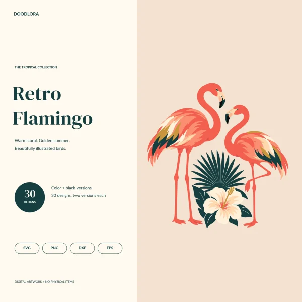 Two coral flamingos facing each other over a dark teal fan palm and a cream hibiscus flower, beside the title Retro Flamingo