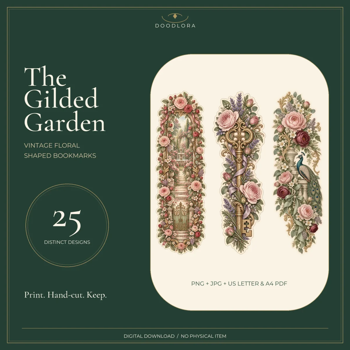 Three shaped floral bookmarks with a garden gate, a gold key and a peacock, shown on a cream panel against dark green