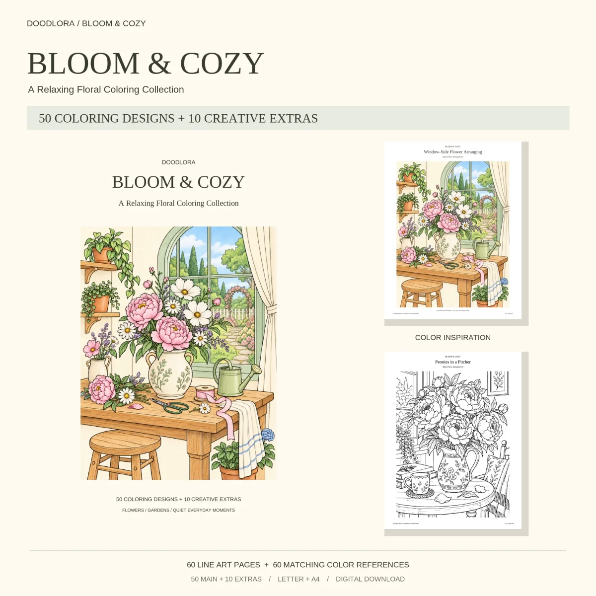 Bloom & Cozy cover with a colored table of peonies and daisies by an arched window, beside the Window-Side Flower Arranging page and the Peonies in a Pitcher outline
